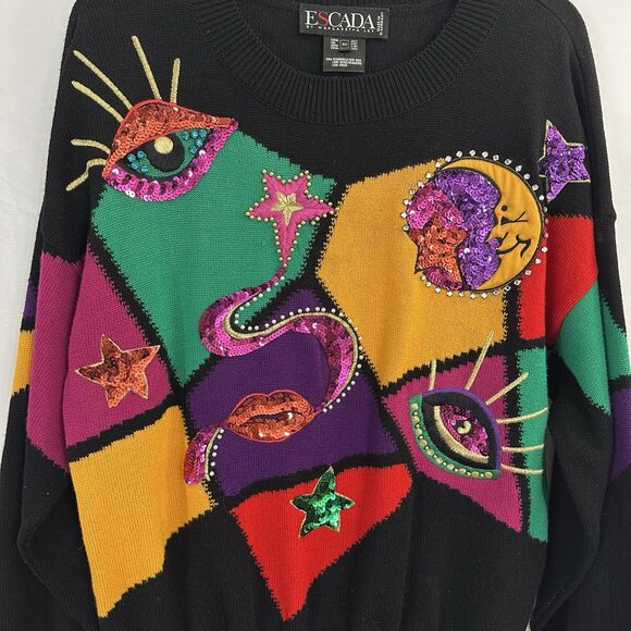 Vintage Escada Wool Sweater Womens 40 L  Sequin Art to Wear - Picture 3 of 12